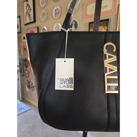 Cavalli Class Black Alessandra Tote Bag Gold Logo NEW - Picture 4 of 4